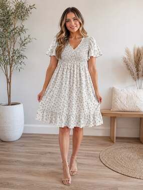 Mikarose Floral Smocked Midi Dress Cream Cottagecore Boho Women’s M